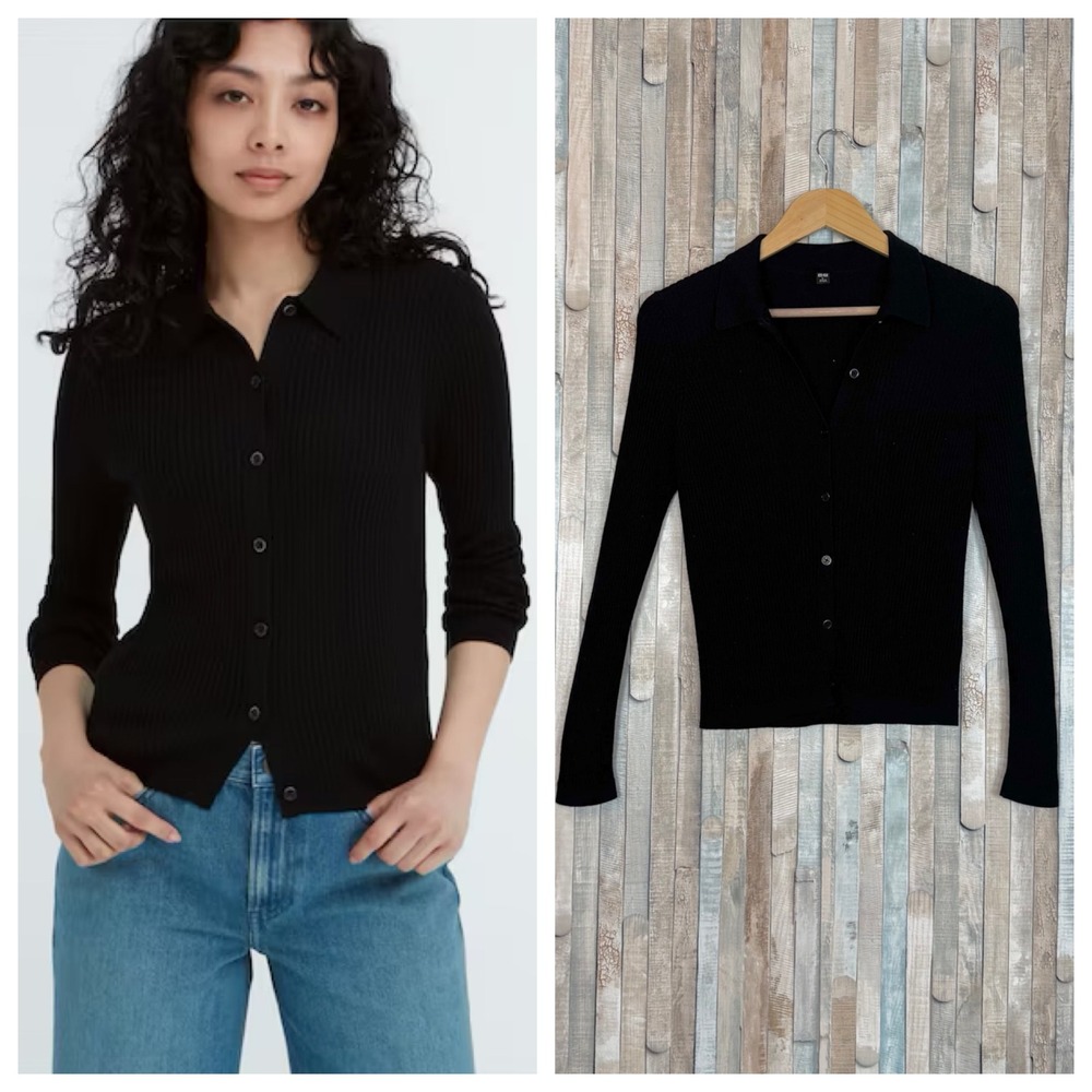 Uniqlo‎ L Extra Fine Merino Wool Ribbed Polo Cardigan Button Front Top Sweater